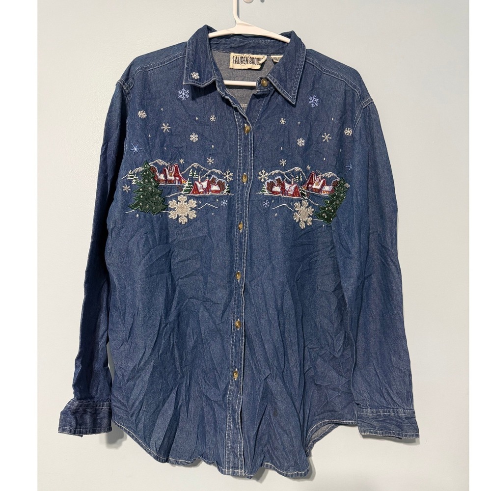 Lauren Brooke Women's M Denim Winter Embroidered‎ Shirt Blue 100% Cotton 1016